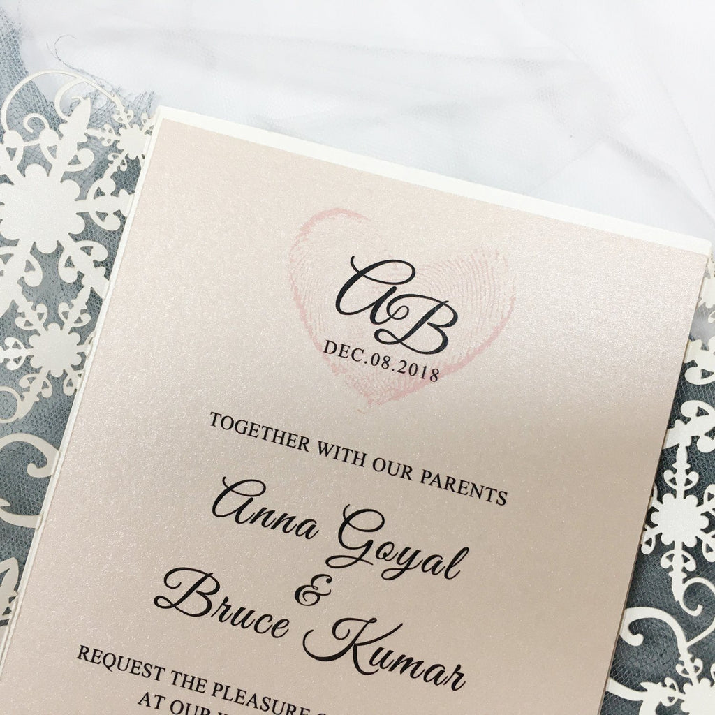Ivory Lace Laser Cut Wedding Invitations with Blush Pink Shimmer Insert Picky Bride