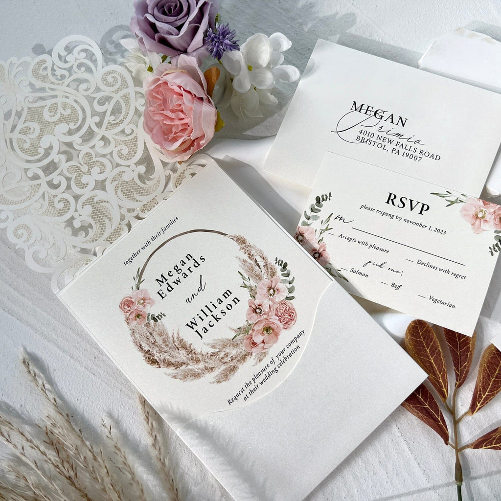 Ivory Pocket Floral Wedding Invitations and Enclosure Cards, Pampas Grass Invitation, Rustic Wedding Set Wedding Ceremony Supplies Picky Bride