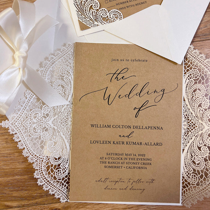 Kraft Wedding Invitation Set Personalised Lace Wedding Card Rustic Elegant Wedding Wedding Ceremony Supplies Picky Bride 