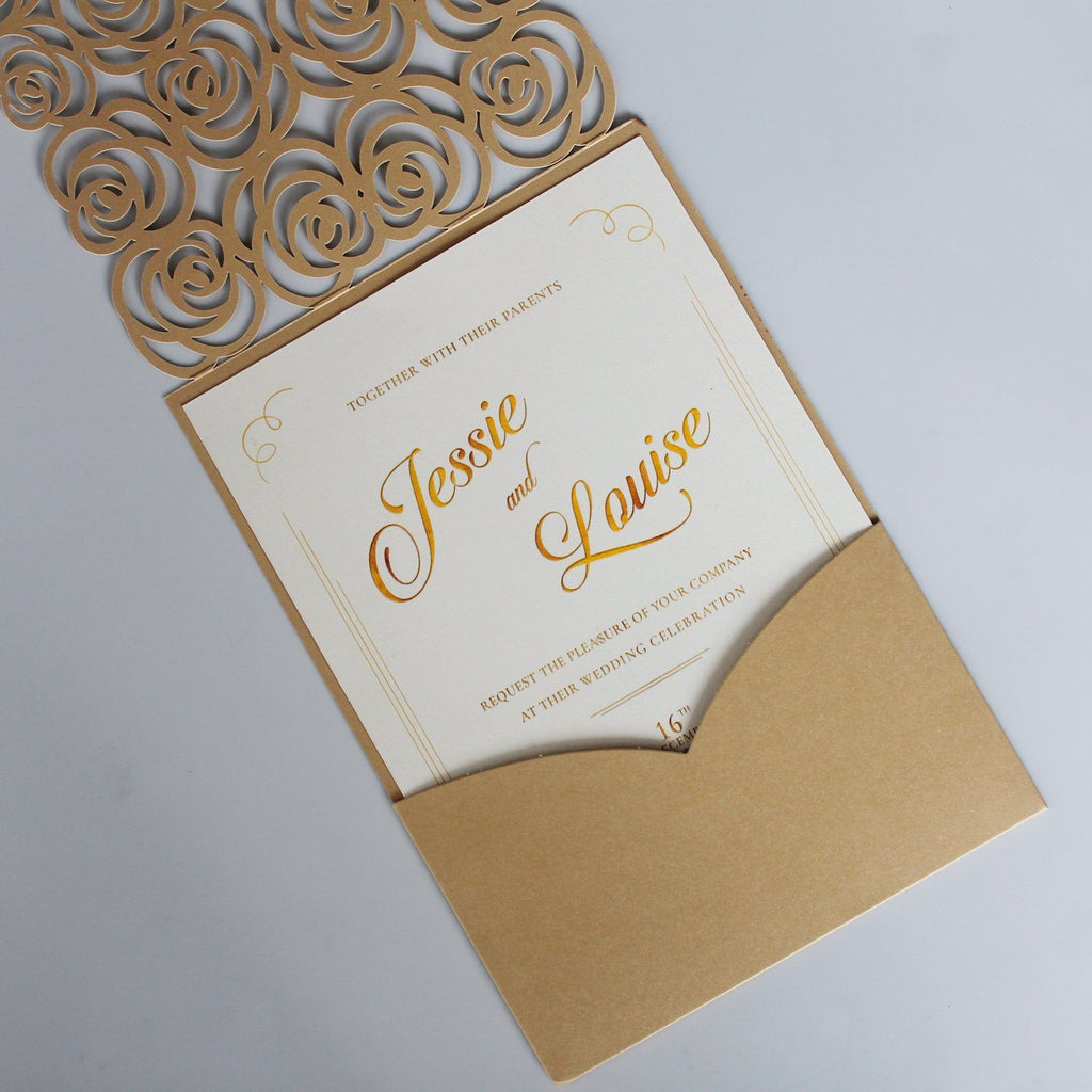 Lace Pocket Wedding Invitation Gold Rose Wedding Invites Picky Bride