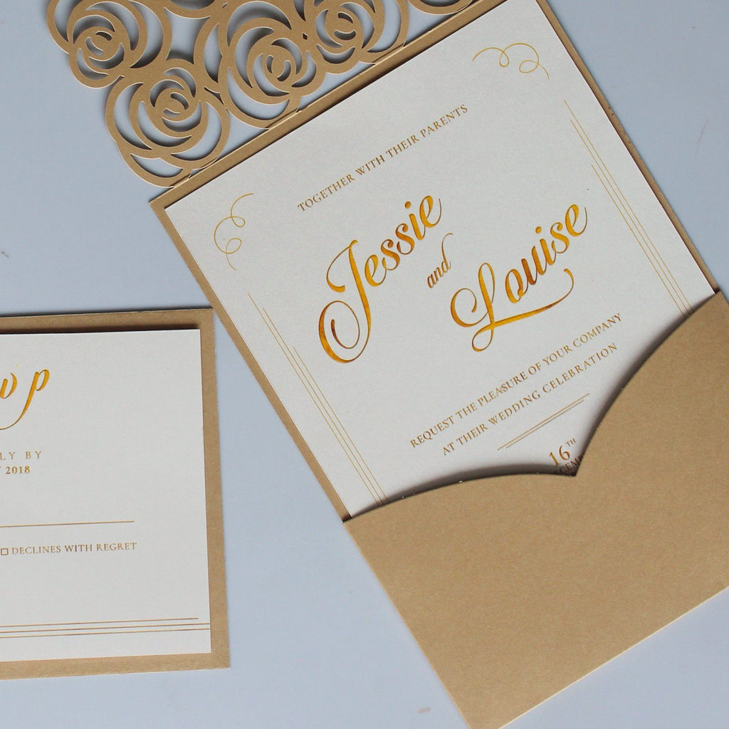 Lace Pocket Wedding Invitation Gold Rose Wedding Invites Picky Bride