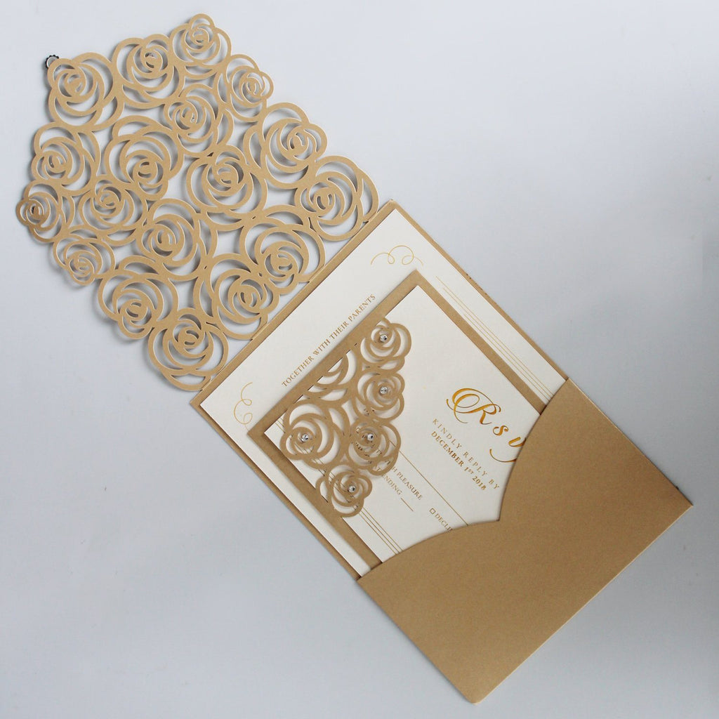 Lace Pocket Wedding Invitation Gold Rose Wedding Invites Picky Bride