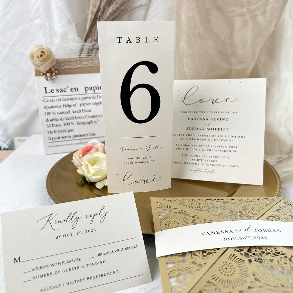 Laser Cut Gold Wedding Invitations with RSVP Cards, Vellum Wedding Logo Personalized, Picky Bride Flower Invites, Table Card Wedding Ceremony Supplies Picky Bride