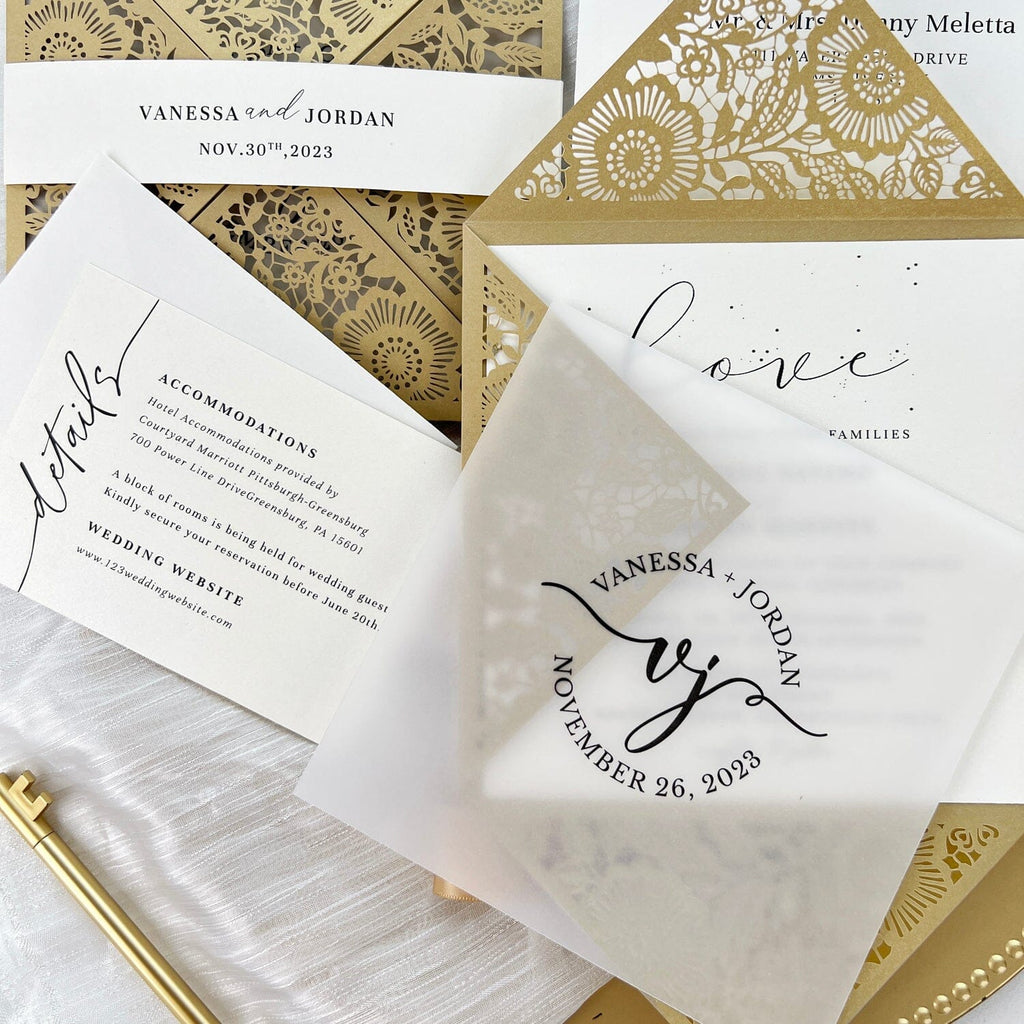 Laser Cut Gold Wedding Invitations with RSVP Cards, Vellum Wedding Logo Personalized, Picky Bride Flower Invites, Table Card Wedding Ceremony Supplies Picky Bride