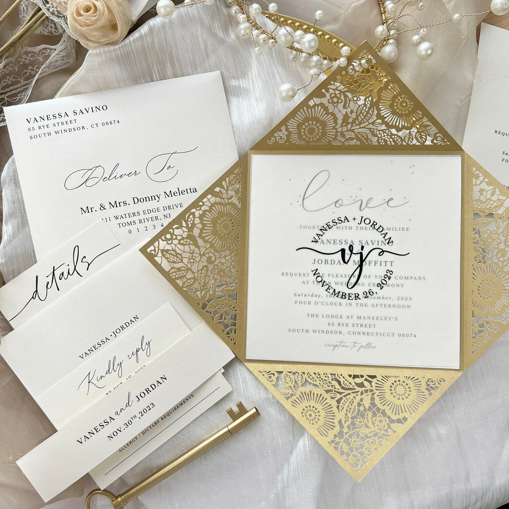 Laser Cut Gold Wedding Invitations with RSVP Cards, Vellum Wedding Logo Personalized, Picky Bride Flower Invites, Table Card Wedding Ceremony Supplies Picky Bride 