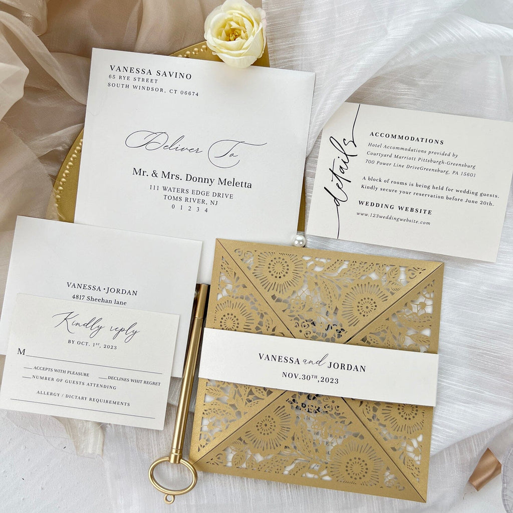 Laser Cut Gold Wedding Invitations with RSVP Cards, Vellum Wedding Logo Personalized, Picky Bride Flower Invites, Table Card Wedding Ceremony Supplies Picky Bride