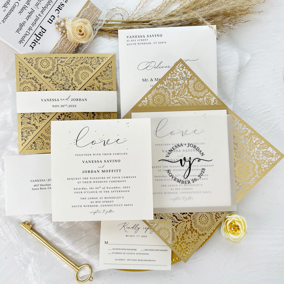 Elegant Black and Gold Floral Monogram Laser Cut Wedding Invites