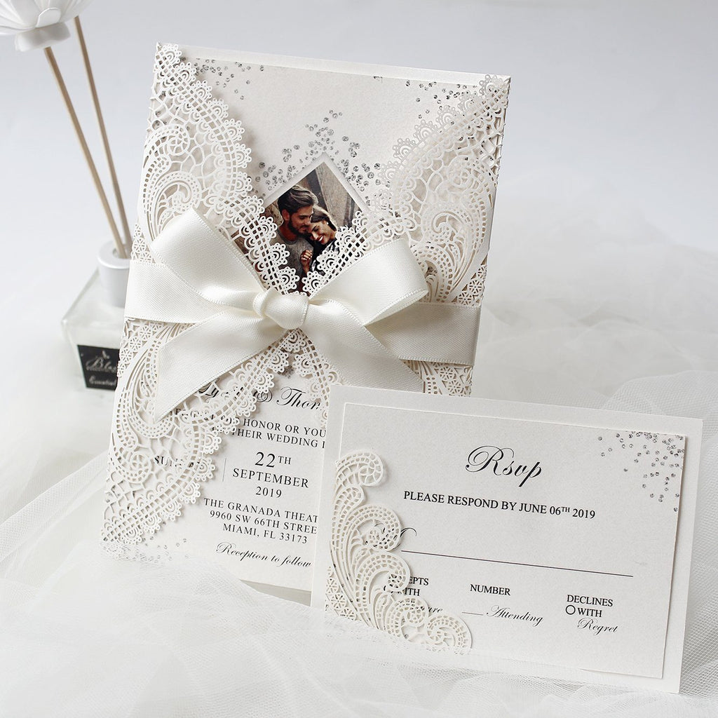 Laser Cut Ivory Wedding Invite Invitation Cards With Envelopes PB2001-IV Picky Bride