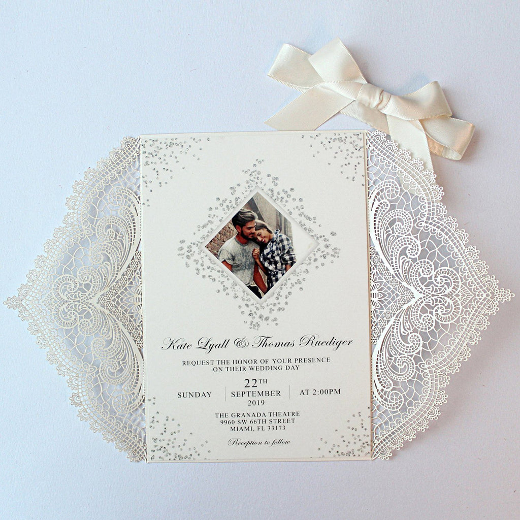 Laser Cut Ivory Wedding Invite Invitation Cards With Envelopes PB2001-IV Picky Bride