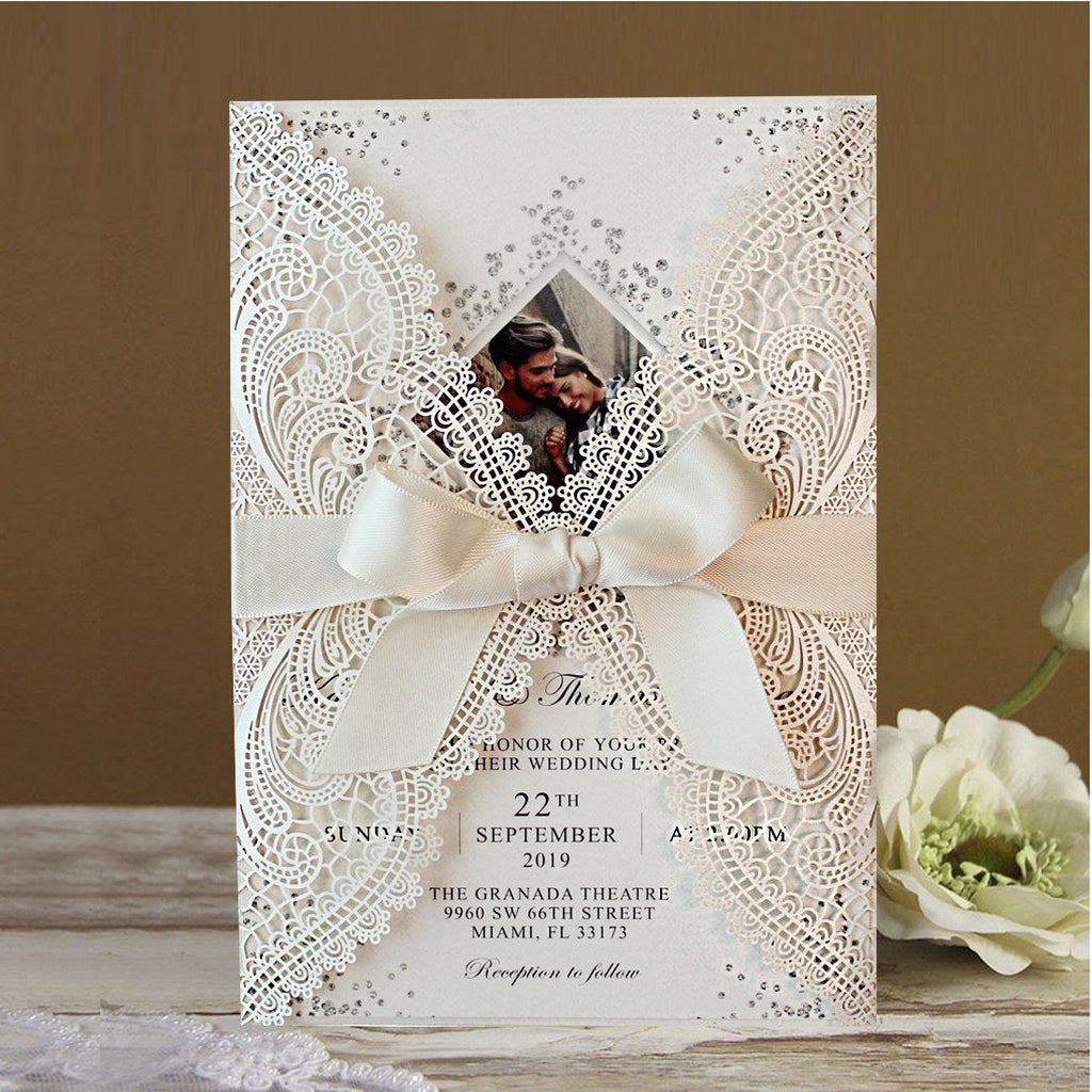 Laser Cut Ivory Wedding Invite Invitation Cards With Envelopes PB2001-IV Picky Bride 