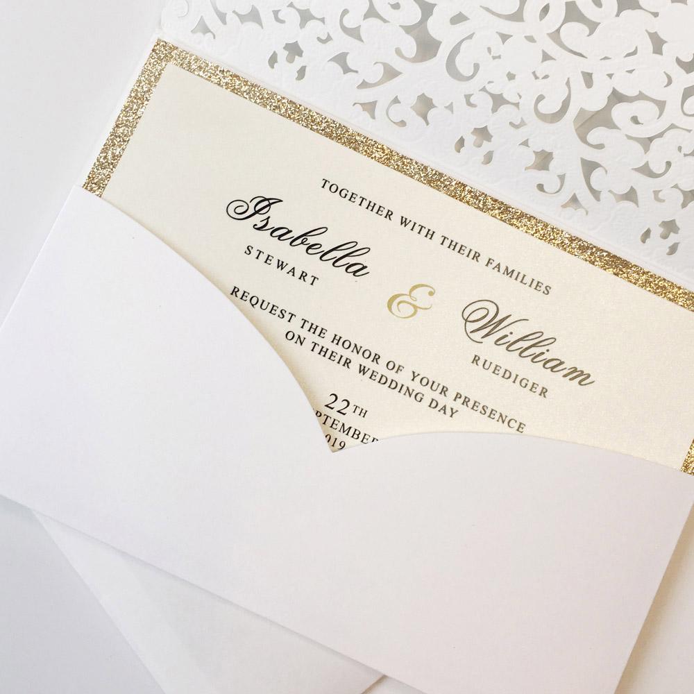 Laser Cut Pocket Wedding Invitations, Gold Glitter Wedding Invitations Picky Bride 