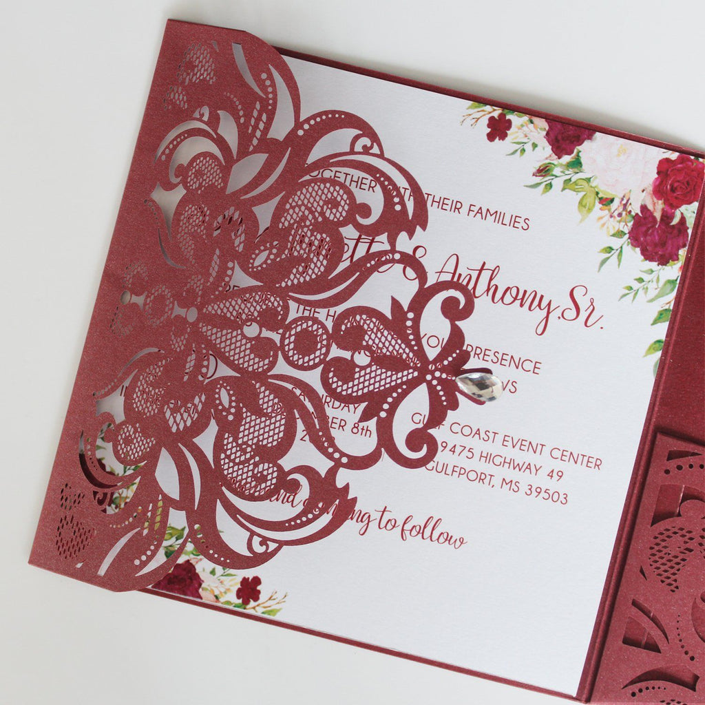 Laser Cut Wedding Invitation Cards With RSVP Cards Burgundy Invitations 15x15cm Picky Bride