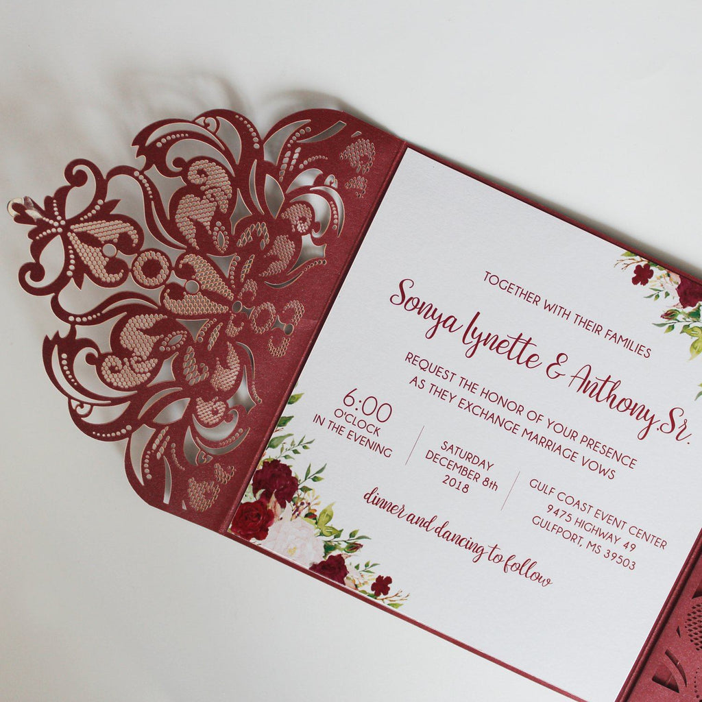 Laser Cut Wedding Invitation Cards With RSVP Cards Burgundy Invitations 15x15cm Picky Bride
