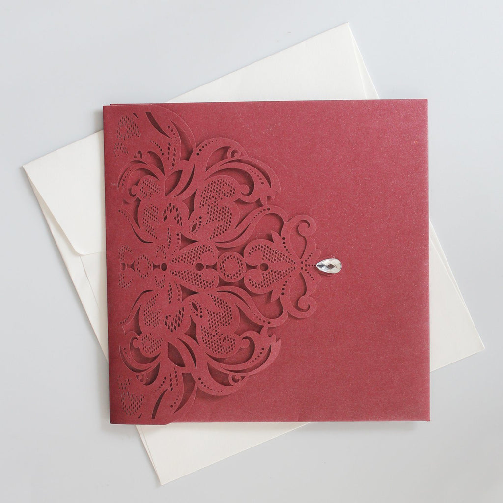 Laser Cut Wedding Invitation Cards With RSVP Cards Burgundy Invitations 15x15cm Picky Bride