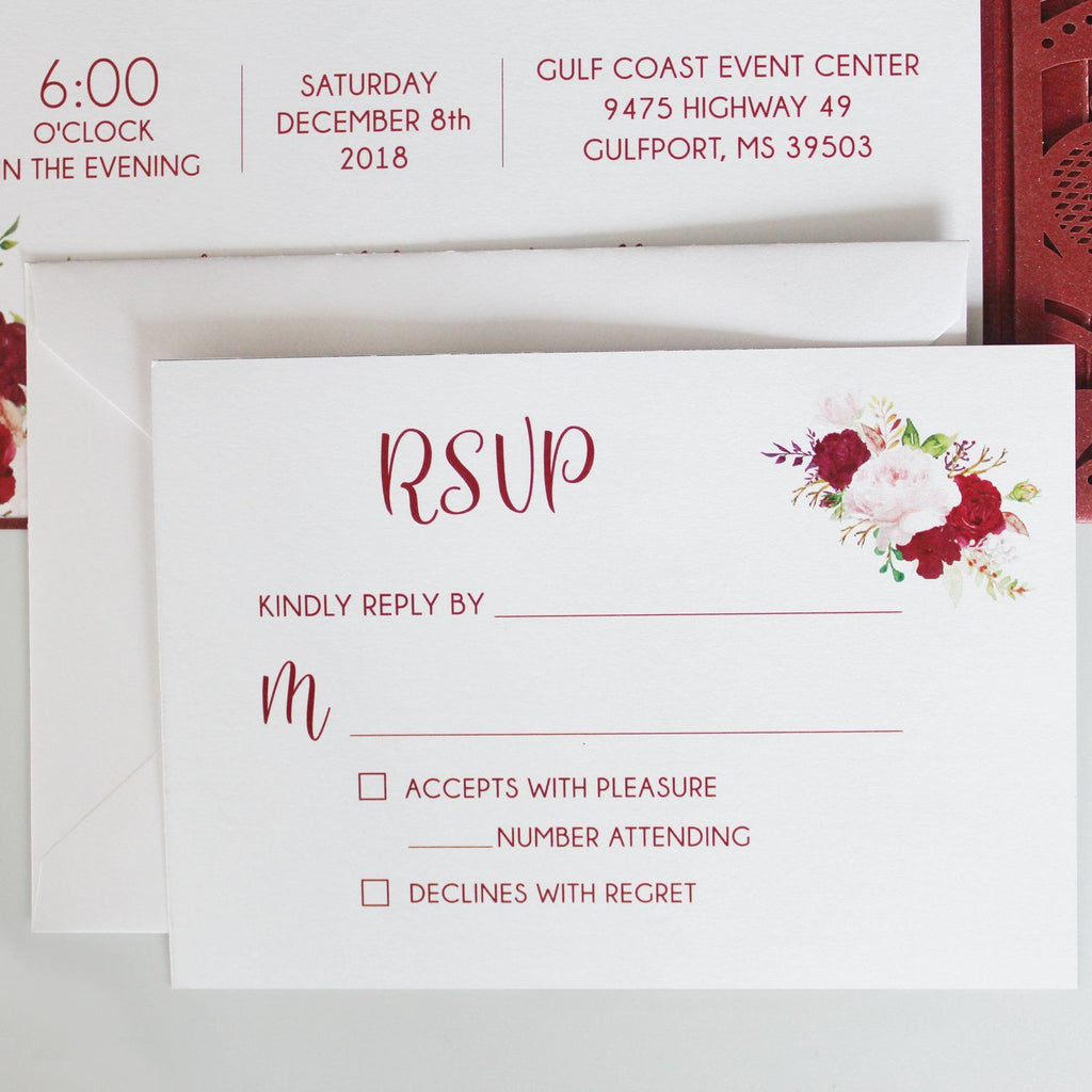 Laser Cut Wedding Invitation Cards With RSVP Cards Burgundy Invitations 15x15cm Picky Bride