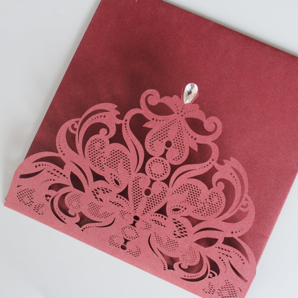 Laser Cut Wedding Invitation Cards With RSVP Cards Burgundy Invitations 15x15cm Picky Bride