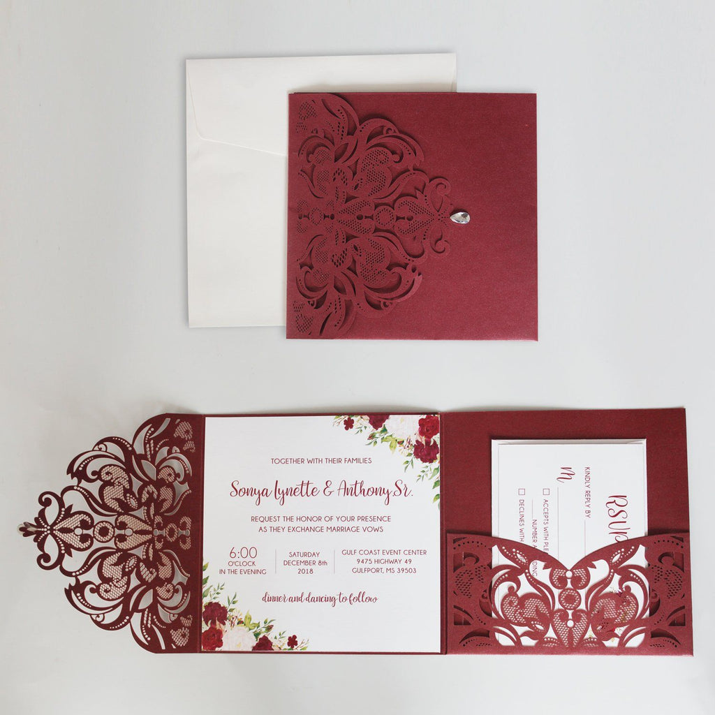 Laser Cut Wedding Invitation Cards With RSVP Cards Burgundy Invitations 15x15cm Picky Bride