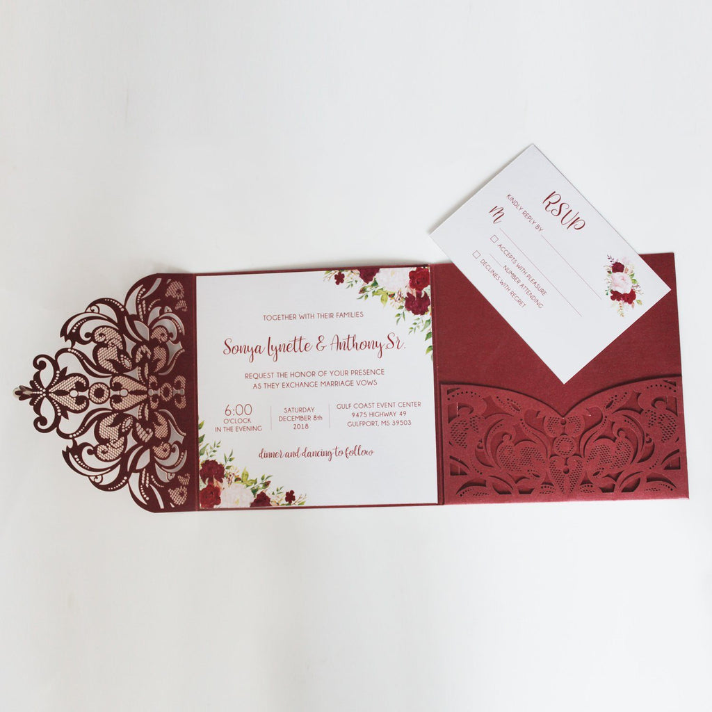 Laser Cut Wedding Invitation Cards With RSVP Cards Burgundy Invitations 15x15cm Picky Bride