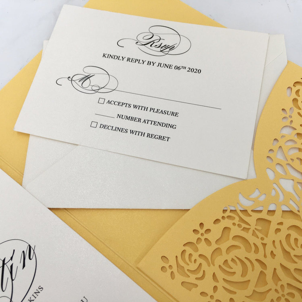 Laser Cut Wedding Invitations Yellow Gold Invitations With RSVP Cards Picky Bride