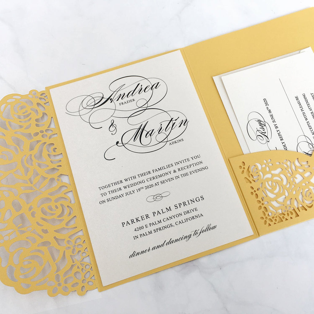 Laser Cut Wedding Invitations Yellow Gold Invitations With RSVP Cards Picky Bride