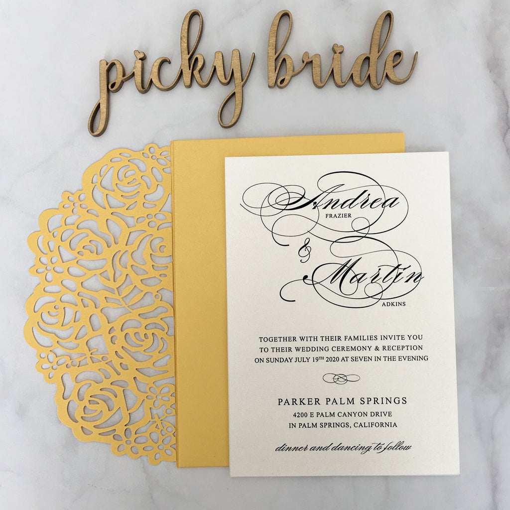 Laser Cut Wedding Invitations Yellow Gold Invitations With RSVP Cards Picky Bride