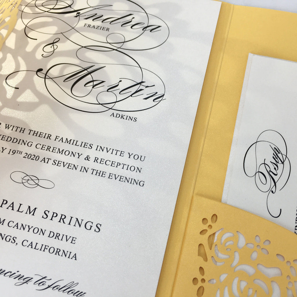 Laser Cut Wedding Invitations Yellow Gold Invitations With RSVP Cards Picky Bride