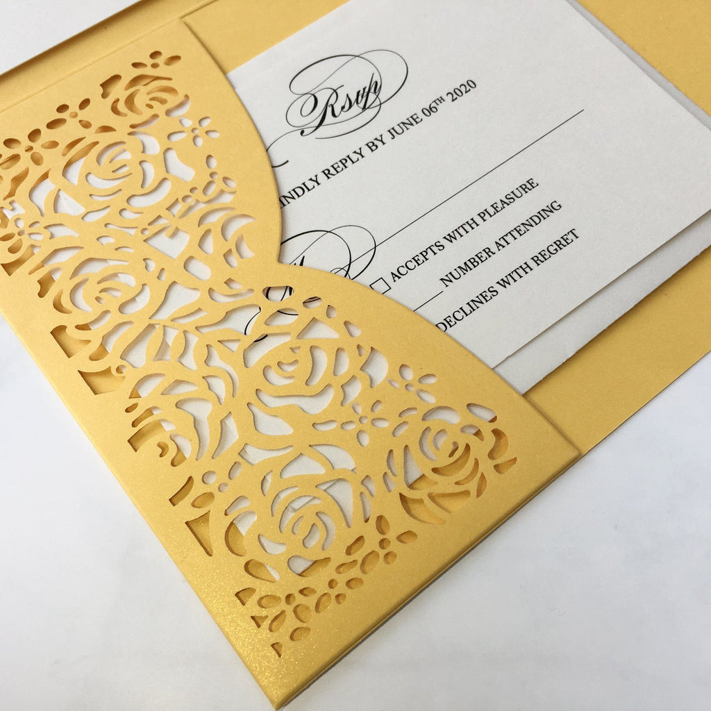 Laser Cut Wedding Invitations Yellow Gold Invitations With RSVP Cards Picky Bride