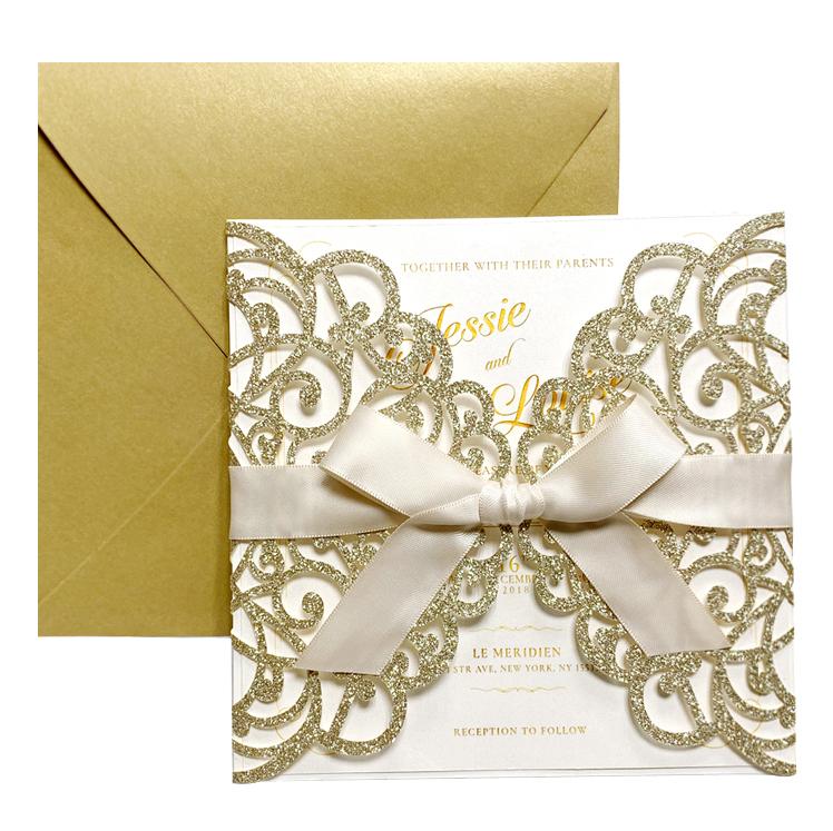 Laser Cut Wedding Invite Invitation Cards With Envelopes, Gold Glitter Wedding Cards Picky Bride
