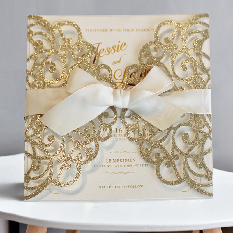 Laser Cut Wedding Invite Invitation Cards With Envelopes, Gold Glitter Wedding Cards Picky Bride