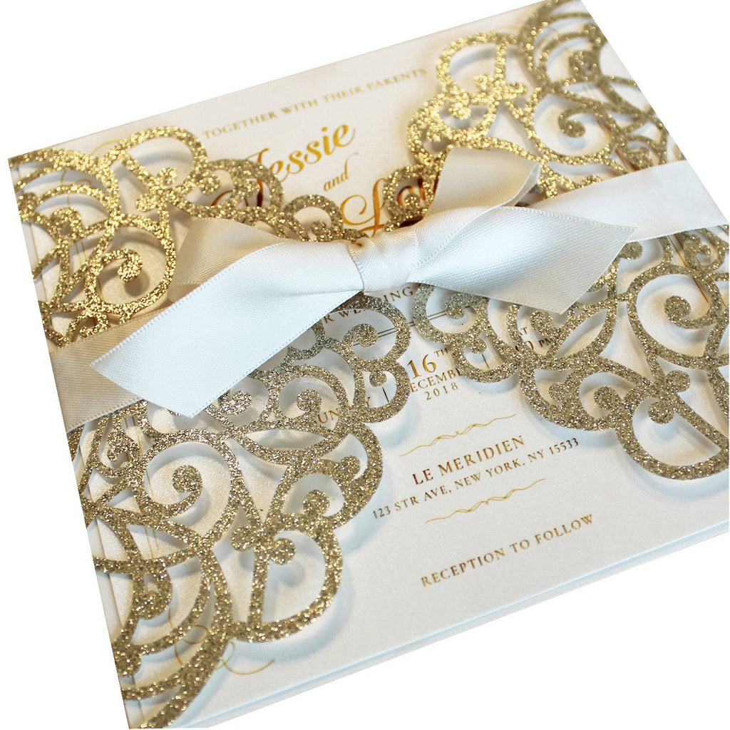 Laser Cut Wedding Invite Invitation Cards With Envelopes, Gold Glitter Wedding Cards Picky Bride 