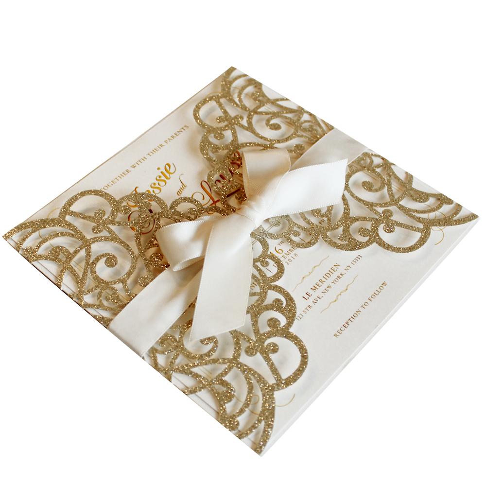 Laser Cut Wedding Invite Invitation Cards With Envelopes, Gold Glitter Wedding Cards Picky Bride