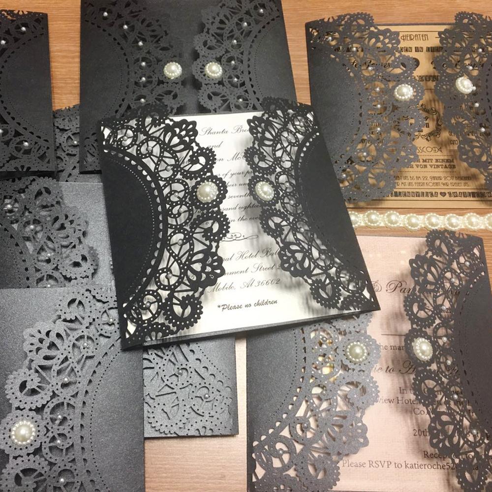 Laser Cutting Invitations Black Pearls Wedding Invitations With Customized Wording Picky Bride