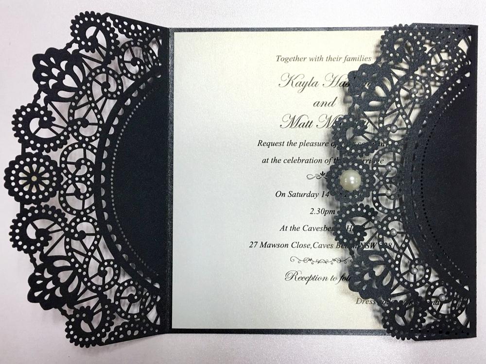 Laser Cutting Invitations Black Pearls Wedding Invitations With Customized Wording Picky Bride 