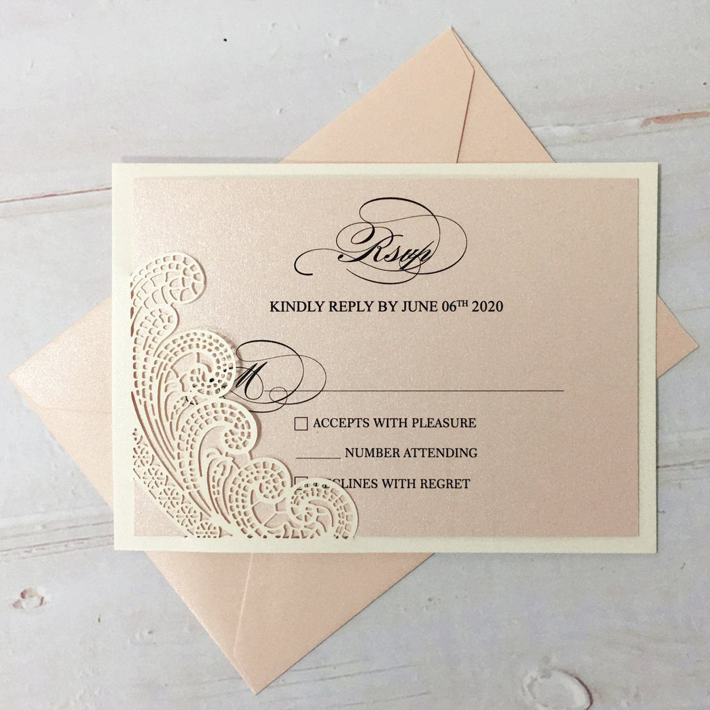 Laser Cutting Wedding Invitations with RSVP Cards, Blush Pink Shimmer Invitation Cards Picky Bride