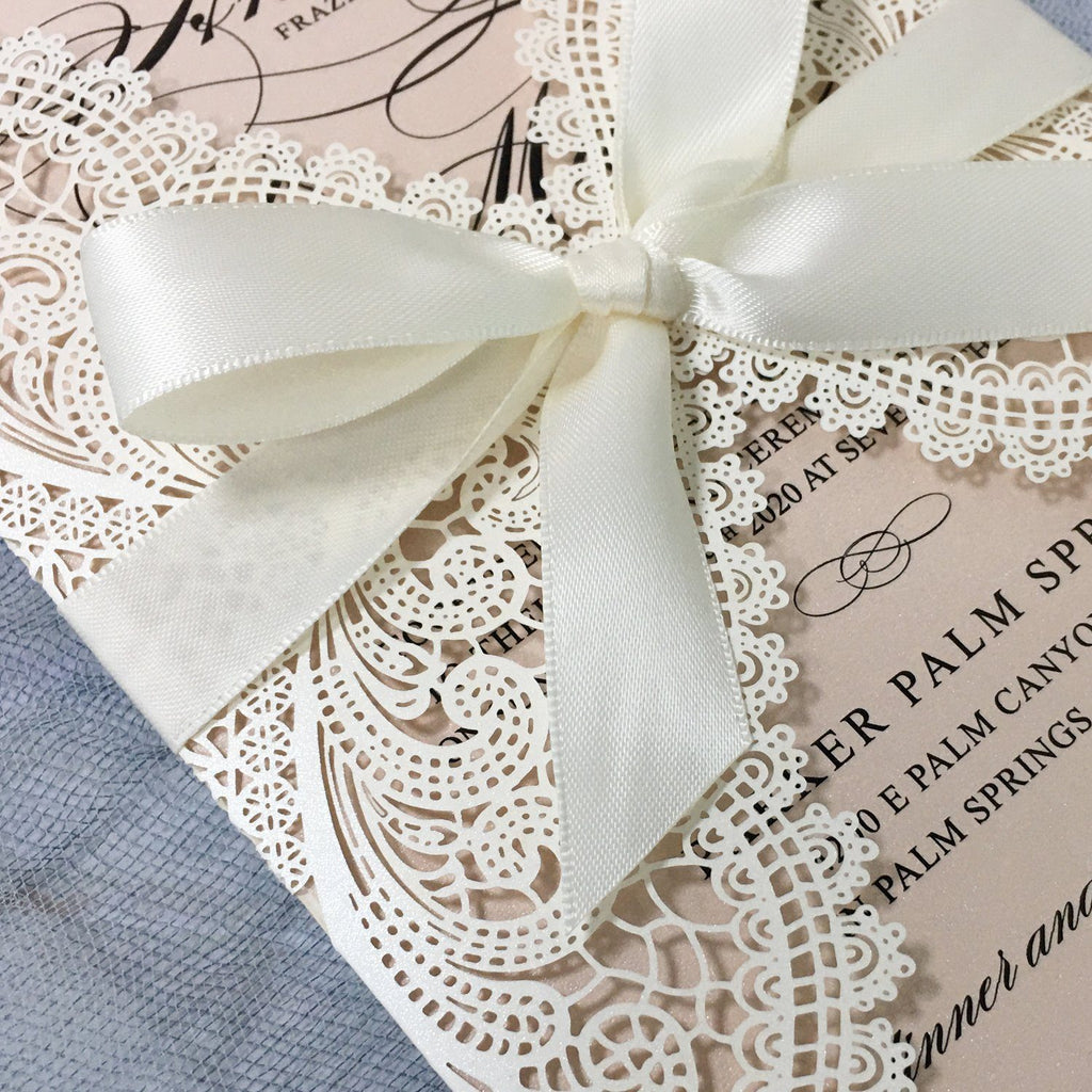 Laser Cutting Wedding Invitations with RSVP Cards, Blush Pink Shimmer Invitation Cards Picky Bride