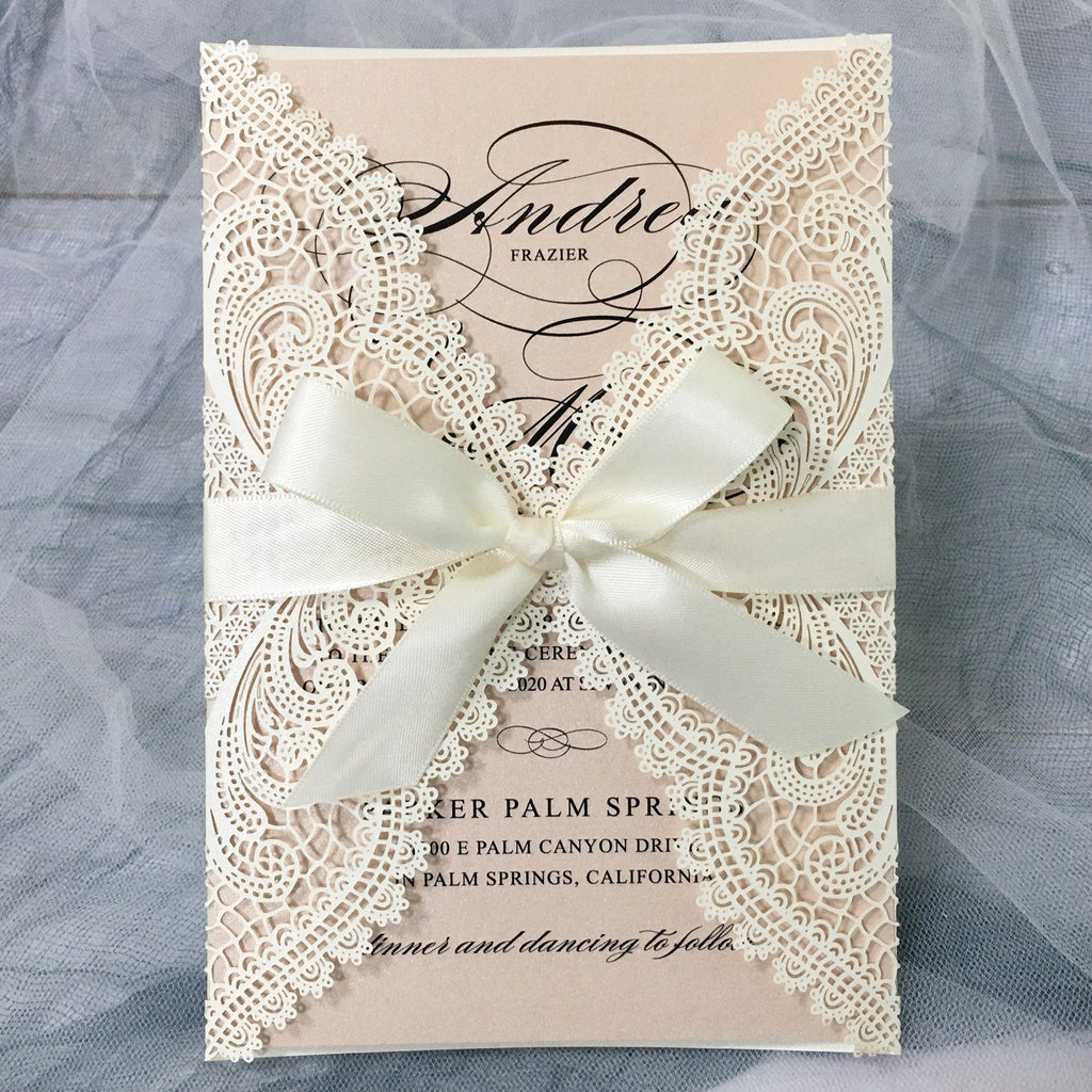 Laser Cutting Wedding Invitations with RSVP Cards, Blush Pink Shimmer Invitation Cards Picky Bride