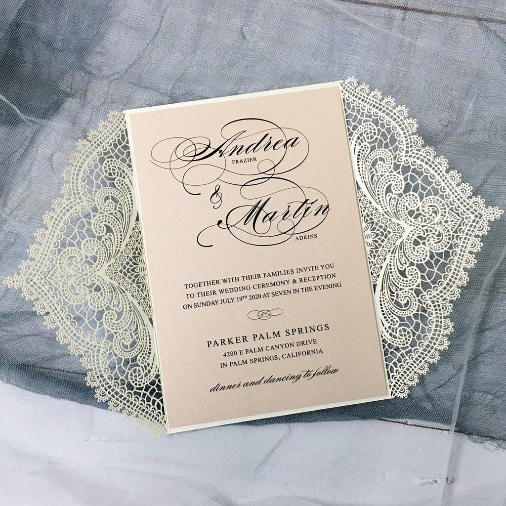 Laser Cutting Wedding Invitations with RSVP Cards, Blush Pink Shimmer Invitation Cards Picky Bride