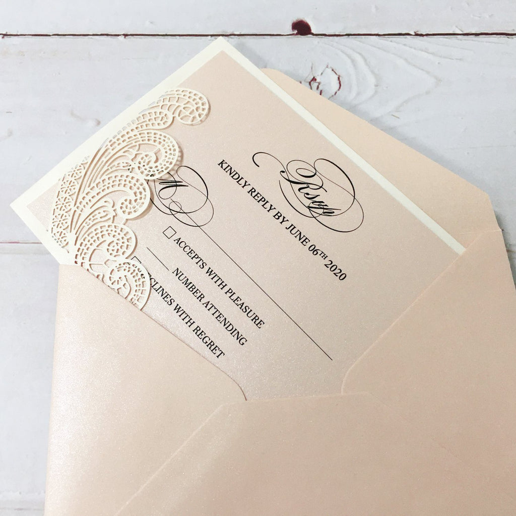 Laser Cutting Wedding Invitations with RSVP Cards, Blush Pink Shimmer Invitation Cards Picky Bride 