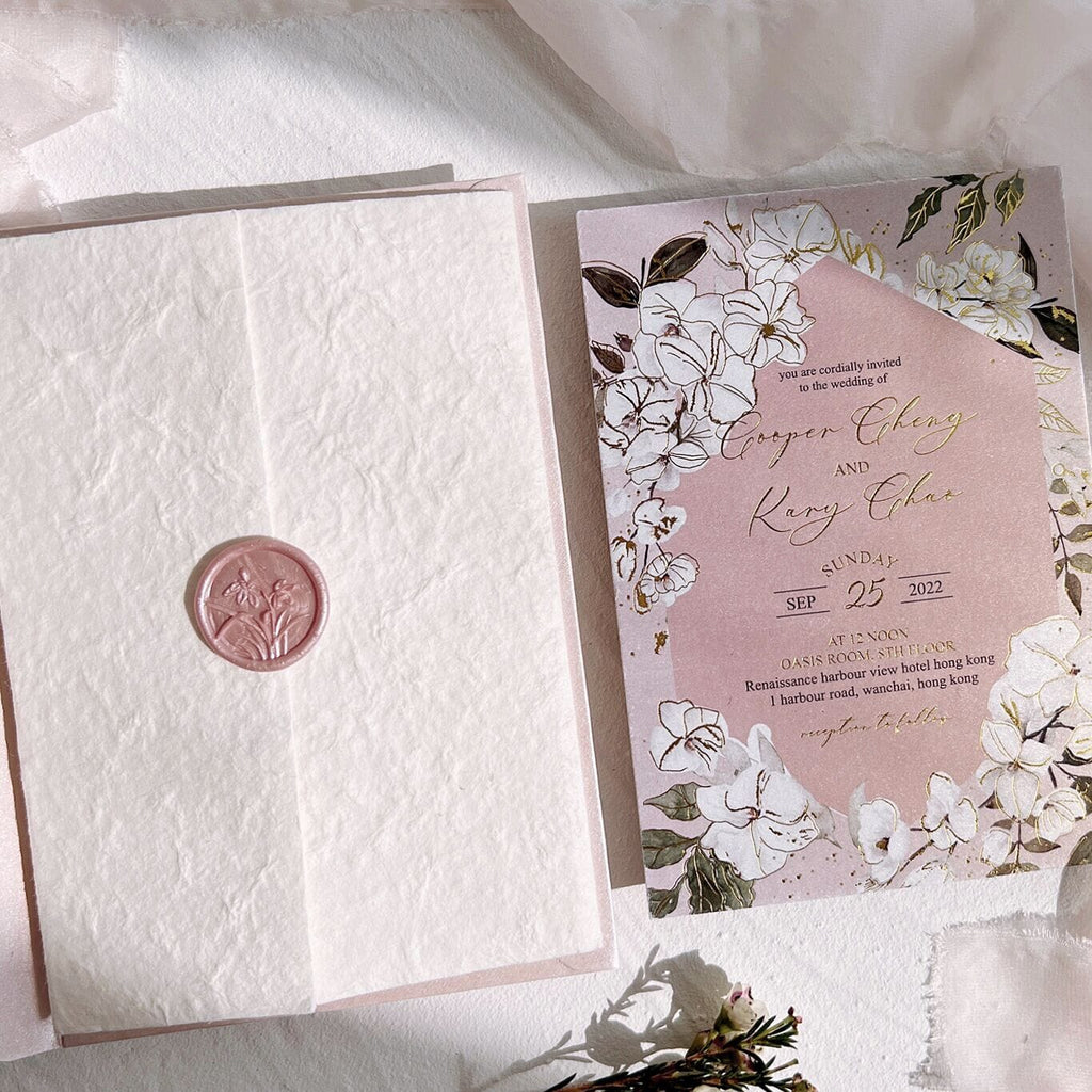 Light Pink Floral Wedding Invitations, Vintage White Handmade Paper Invites with Pink Wax Seals, Gold Foil Printing Wedding Ceremony Supplies Picky Bride