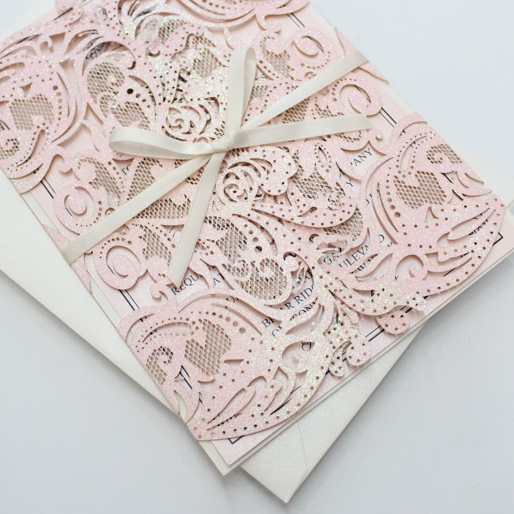Luxurious Glitter Pink Wedding Invitations, Romantic Invitations Customized Wording Picky Bride