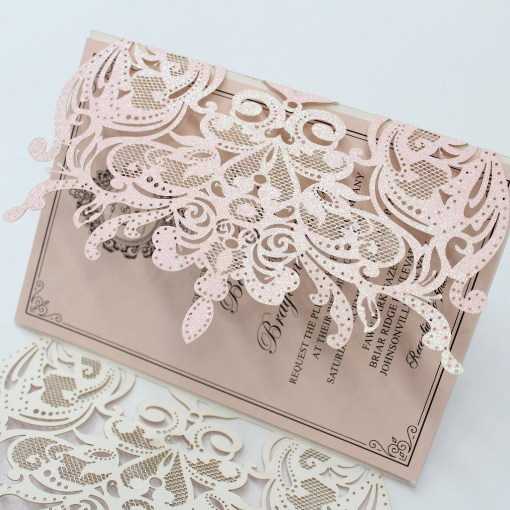 Luxurious Glitter Pink Wedding Invitations, Romantic Invitations Customized Wording Picky Bride
