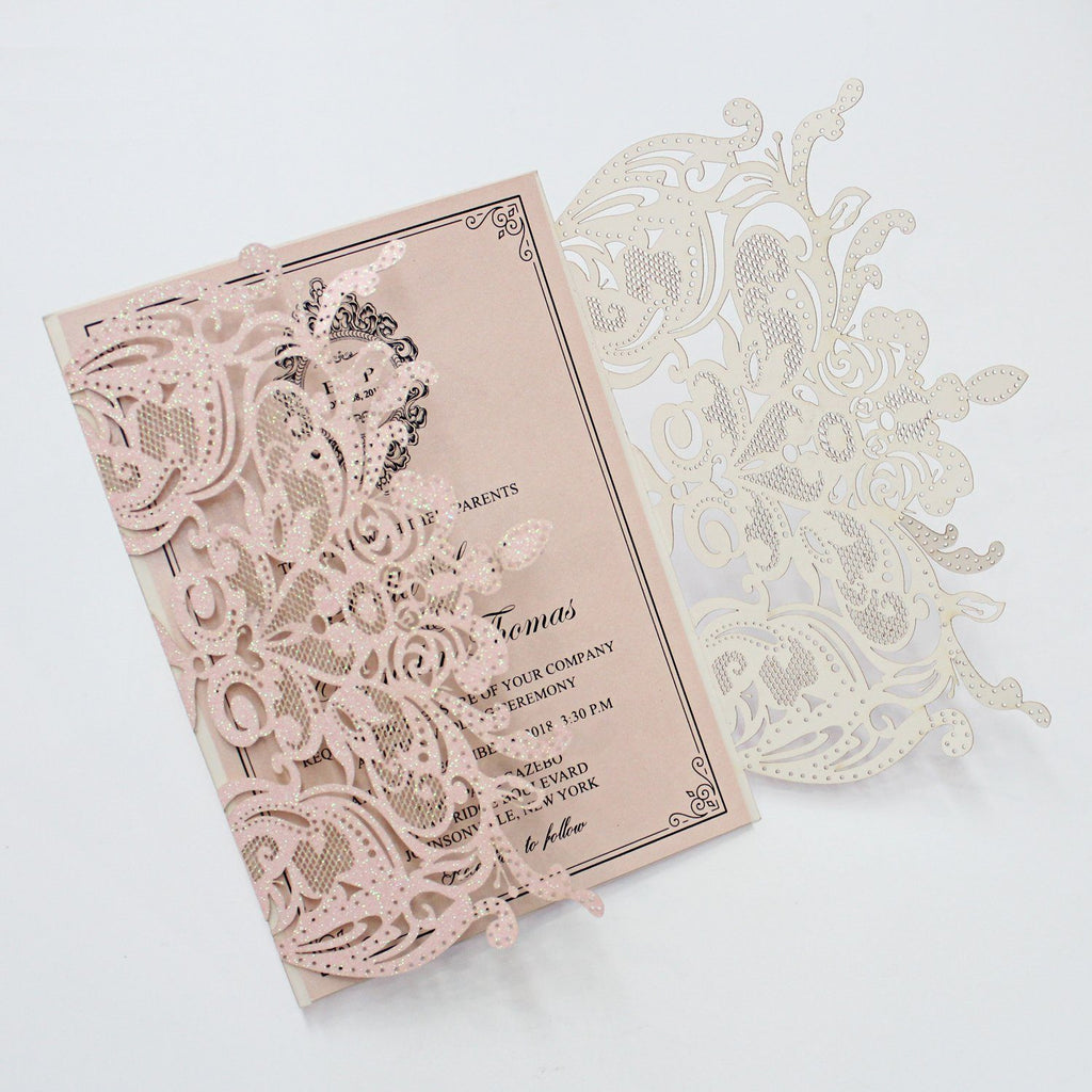 Luxurious Glitter Pink Wedding Invitations, Romantic Invitations Customized Wording Picky Bride