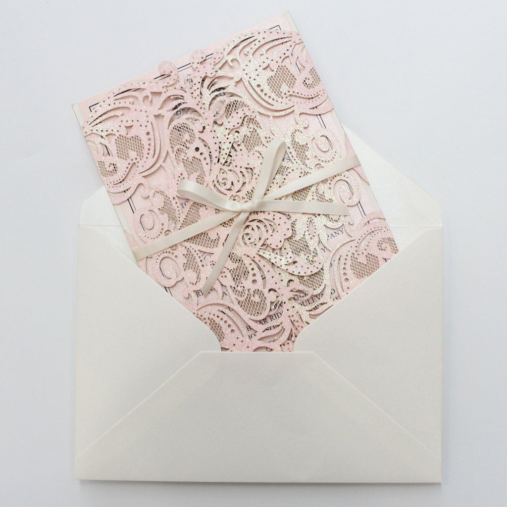 Luxurious Glitter Pink Wedding Invitations, Romantic Invitations Customized Wording Picky Bride