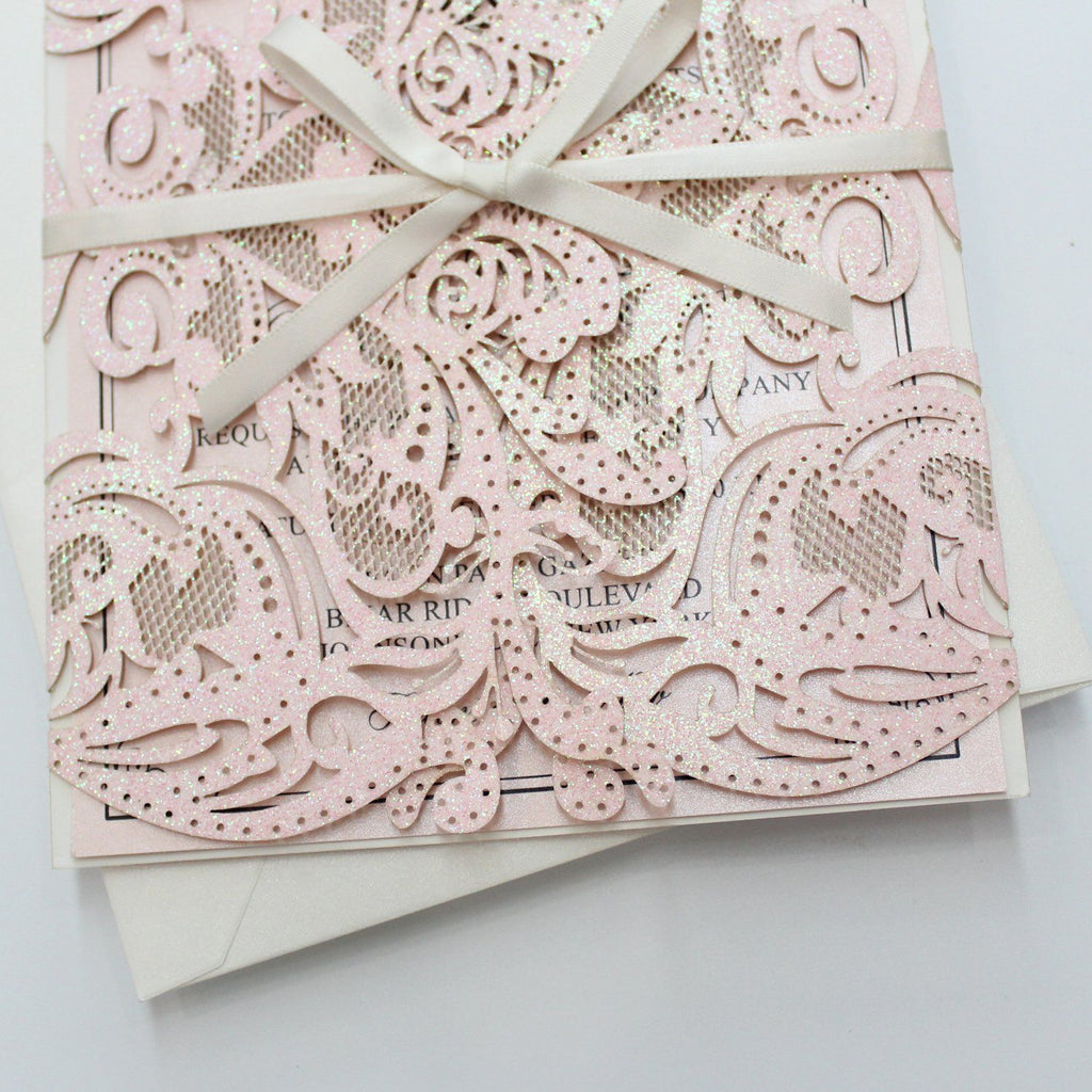 Luxurious Glitter Pink Wedding Invitations, Romantic Invitations Customized Wording Picky Bride
