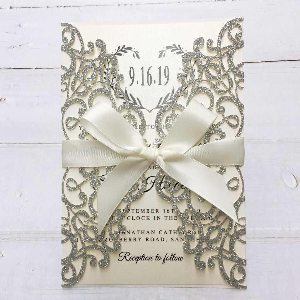 Luxury Glitter Silver Wedding Invitations, Grey Invitation Cards for Wedding Picky Bride