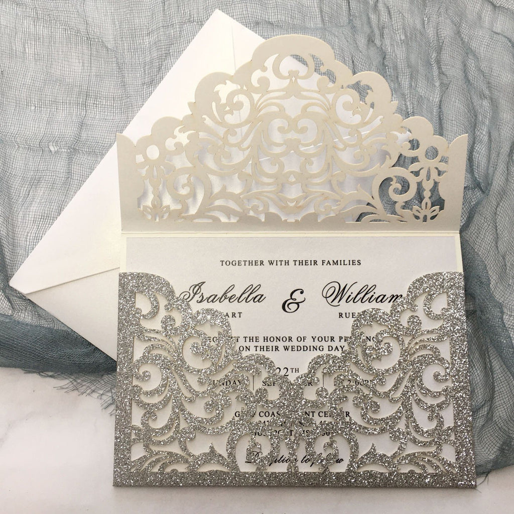 Luxury Glitter Silver Wedding Invitations, Grey Pocket Invitation Cards With RSVP Cards Picky Bride