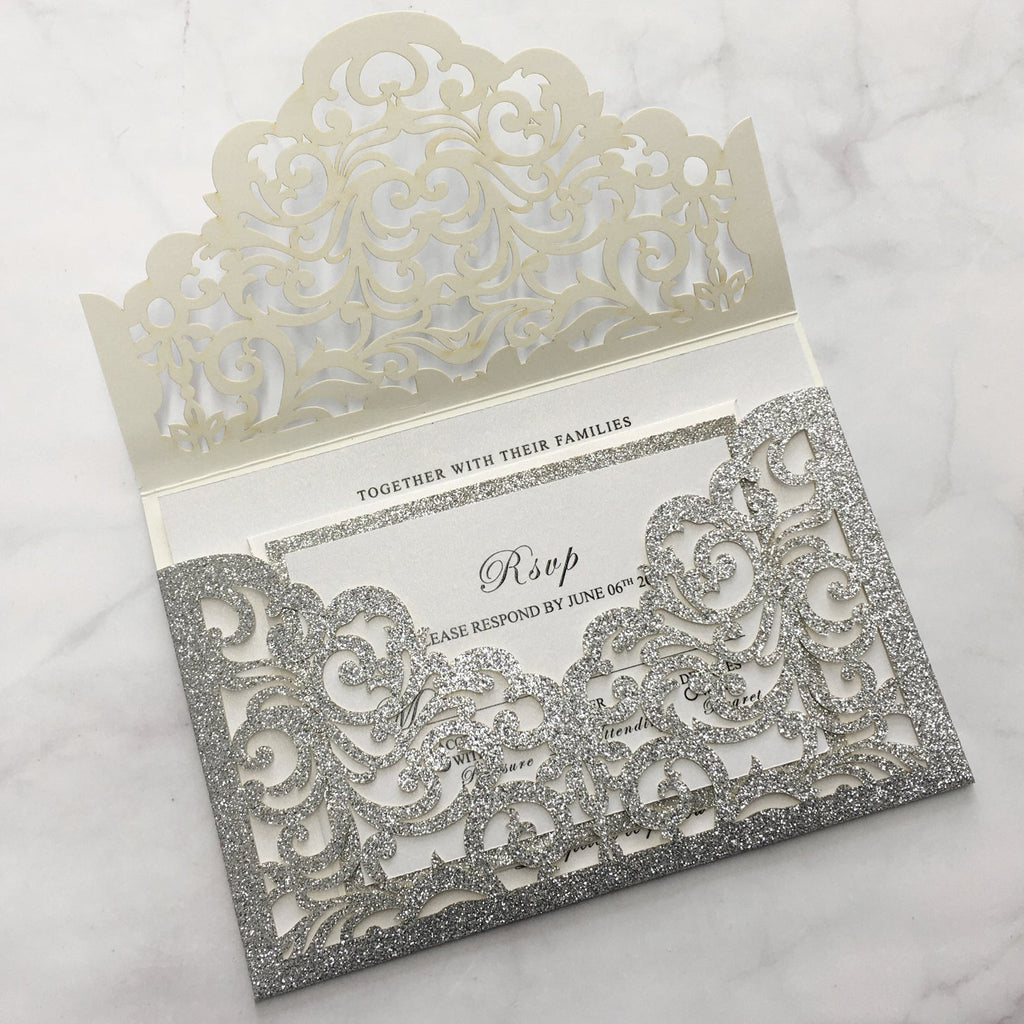Luxury Glitter Silver Wedding Invitations, Grey Pocket Invitation Cards With RSVP Cards Picky Bride
