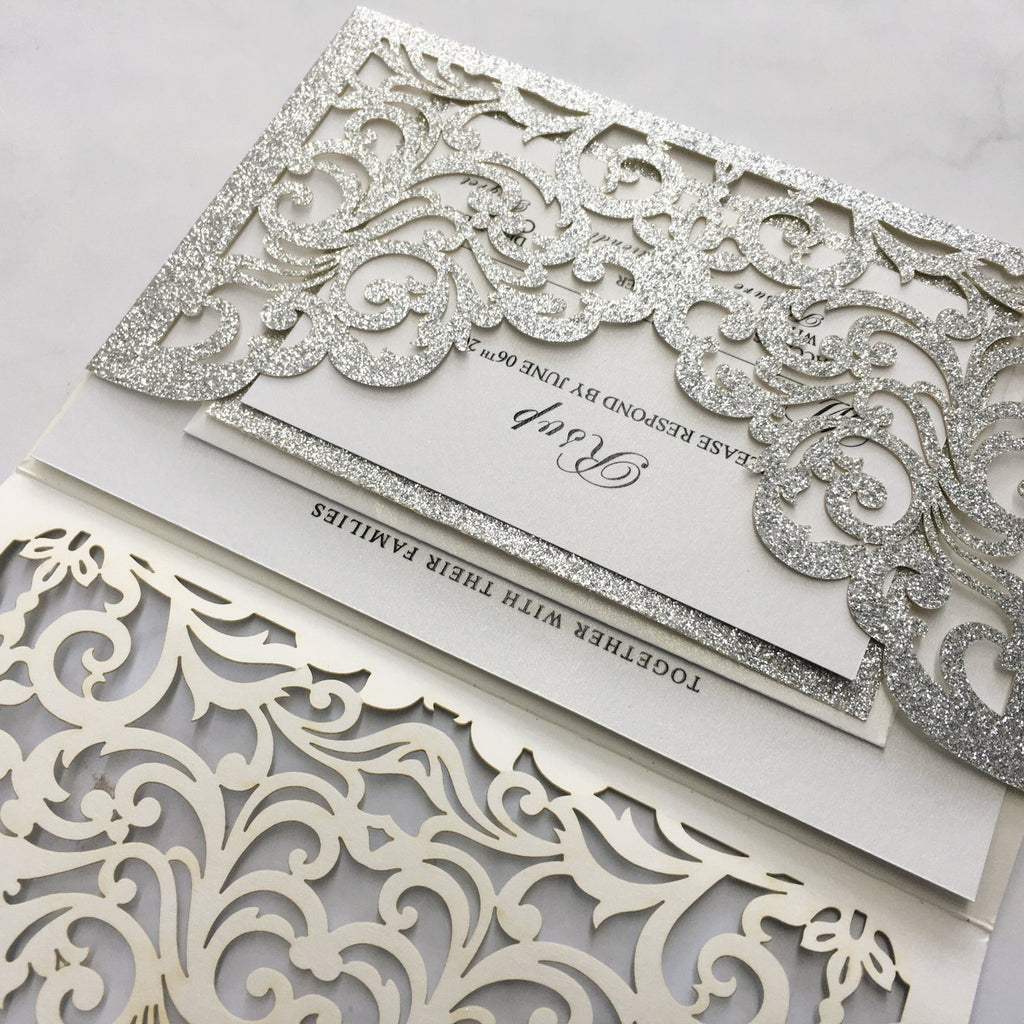 Luxury Glitter Silver Wedding Invitations, Grey Pocket Invitation Cards With RSVP Cards Picky Bride