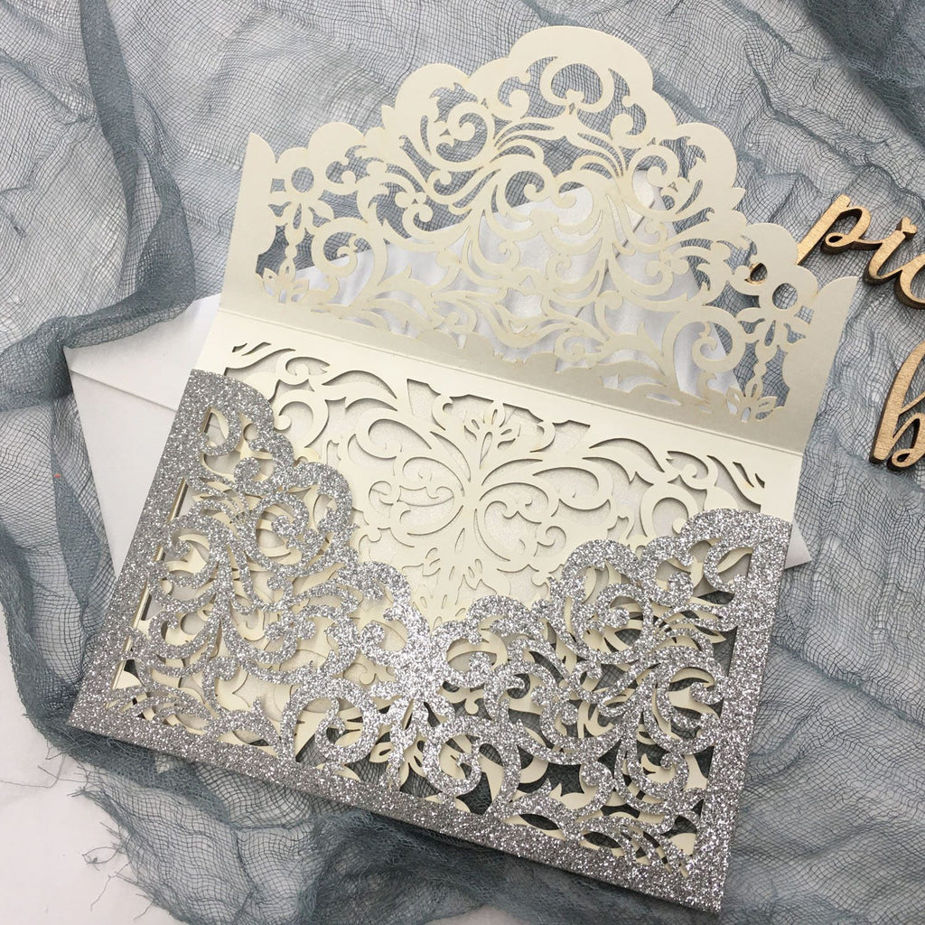 Luxury Glitter Silver Wedding Invitations, Grey Pocket Invitation Cards With RSVP Cards Picky Bride