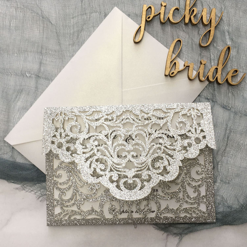 Luxury Glitter Silver Wedding Invitations, Grey Pocket Invitation Cards With RSVP Cards Picky Bride